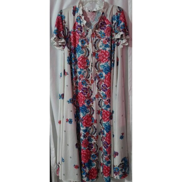 Village Fair White Floral Robe Large  / XL 16 - 22 Kaftan House Dress Length 52" - Picture 1 of 11